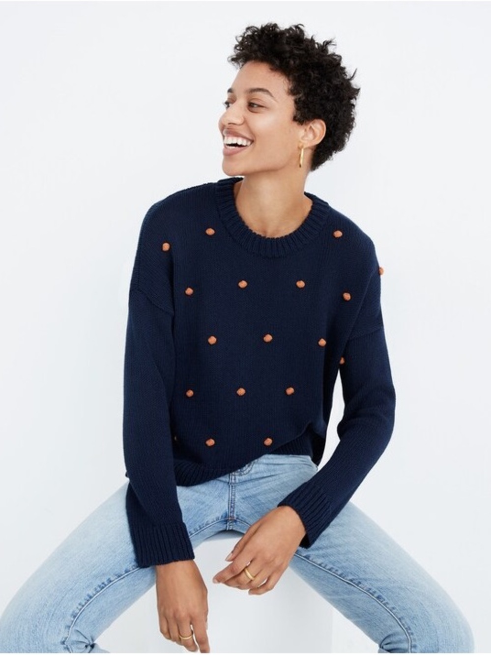Madewell Navy Crewneck Sweater with Orange Pom-Pom Accents